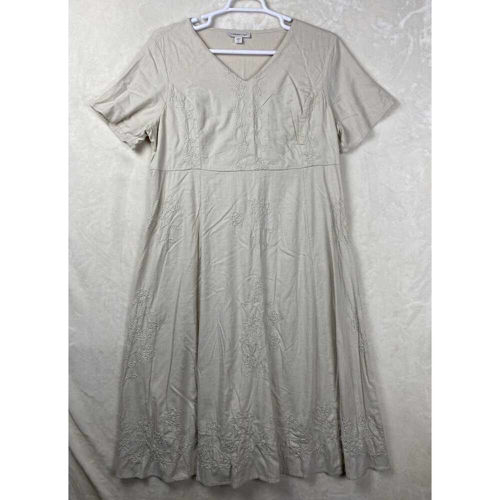 Coldwater Creek Midi Dress Womens Plus 1X Aline Beige Embroidery Linen Blend Tie